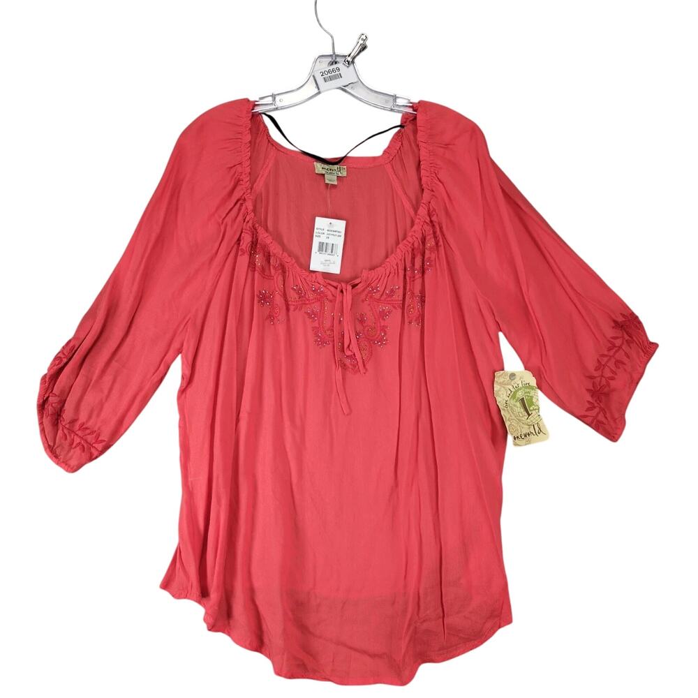 NWT One World Coral Peasant Blouse Top Women's Plus Size 2X Rhinestone Puff Slv‎